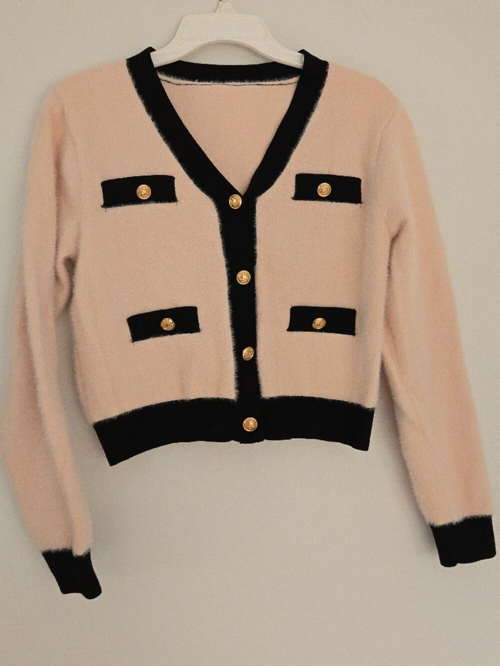 Pink & black cardigan with gold buttons